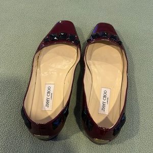 Jimmy Choo Maroon Patent Leather Watson Studded Square Toe Ballet Flats Size 41